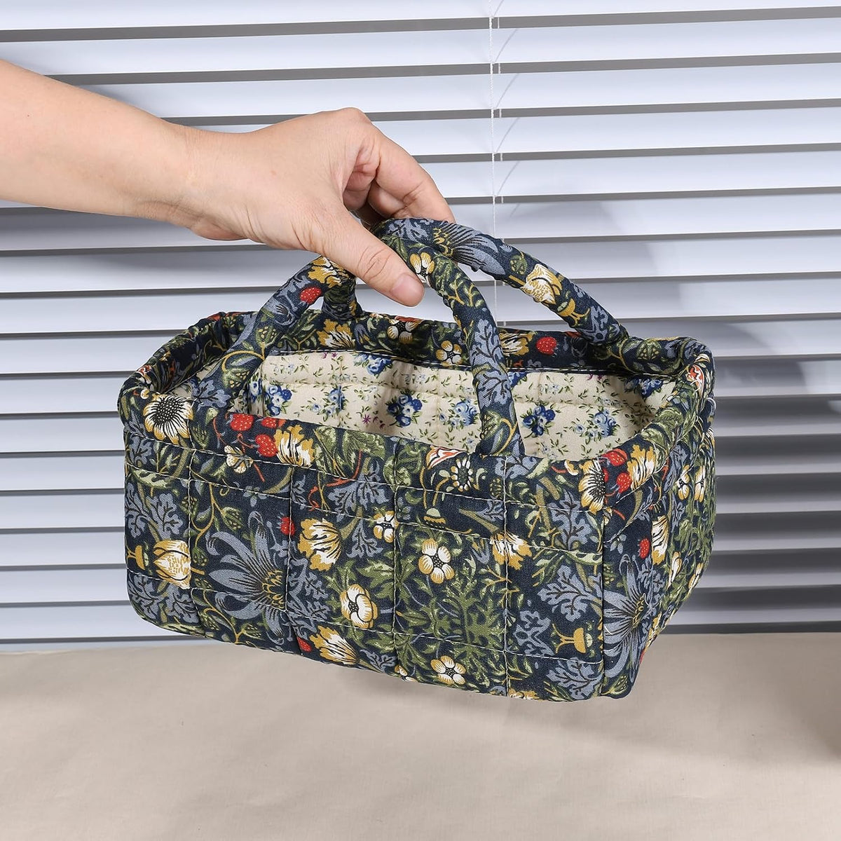 Quilted Fabric Storage Basket Floral Baby Diaper Caddy Quilted Basket for Nursery Bedroom Car Storage