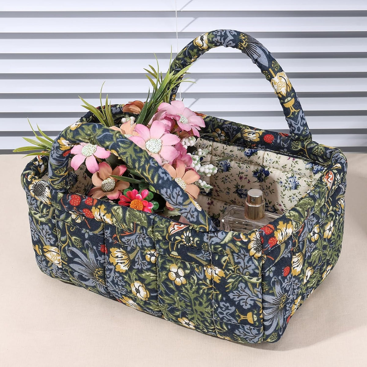 Quilted Fabric Storage Basket Floral Baby Diaper Caddy Quilted Basket for Nursery Bedroom Car Storage