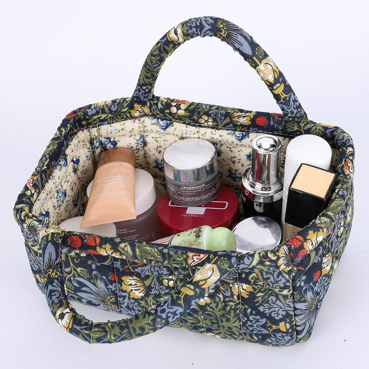 Quilted Fabric Storage Basket Floral Baby Diaper Caddy Quilted Basket for Nursery Bedroom Car Storage