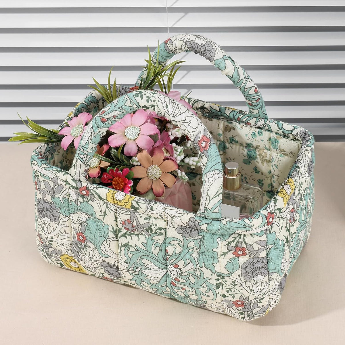 Quilted Fabric Storage Basket Floral Baby Diaper Caddy Quilted Basket for Nursery Bedroom Car Storage