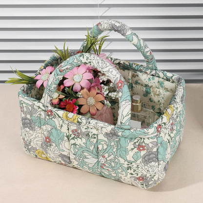Quilted Fabric Storage Basket Floral Baby Diaper Caddy Quilted Basket for Nursery Bedroom Car Storage