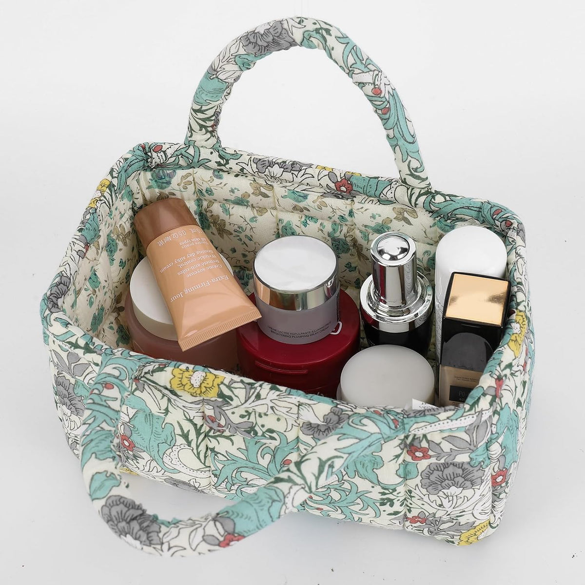 Quilted Fabric Storage Basket Floral Baby Diaper Caddy Quilted Basket for Nursery Bedroom Car Storage