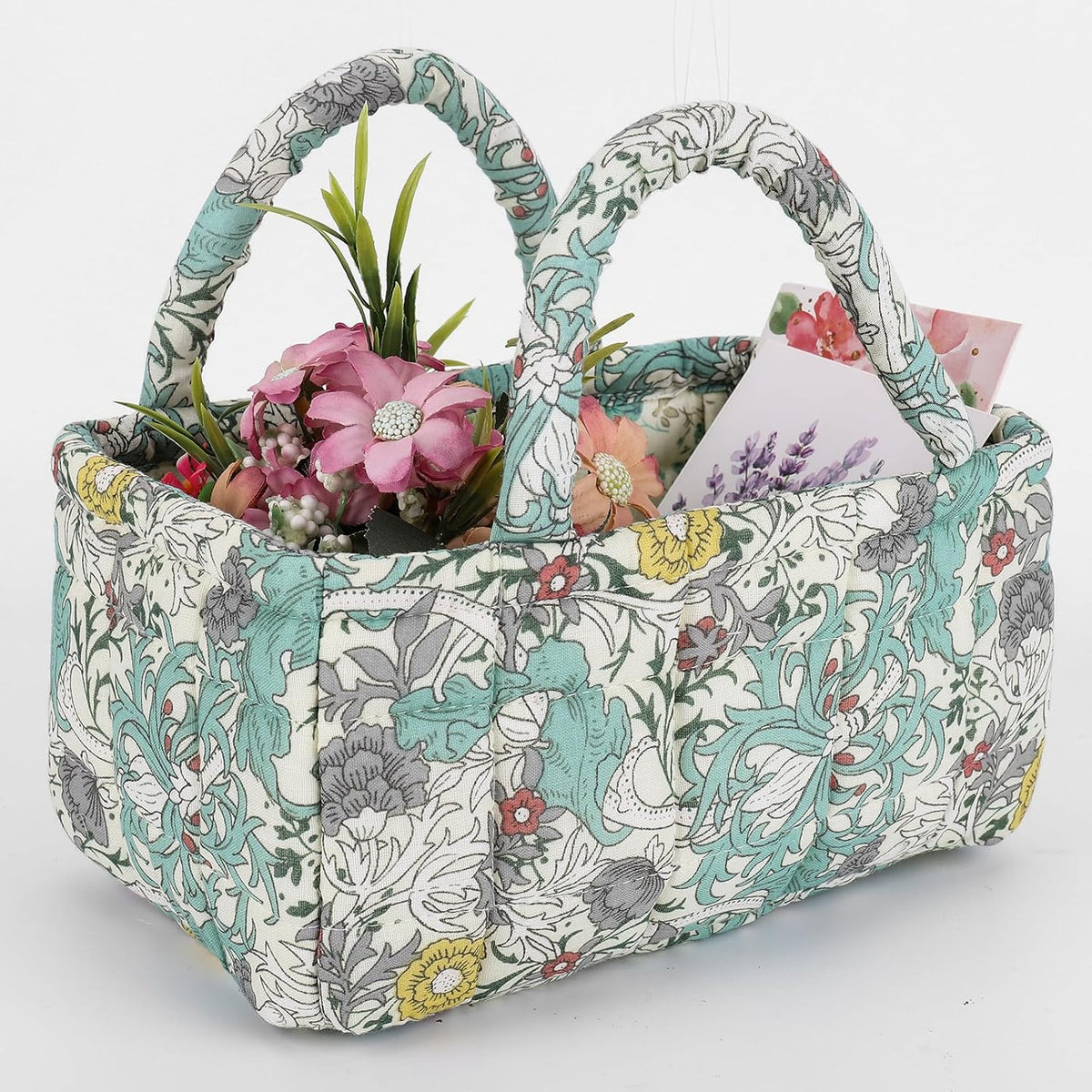 Quilted Fabric Storage Basket Floral Baby Diaper Caddy Quilted Basket for Nursery Bedroom Car Storage