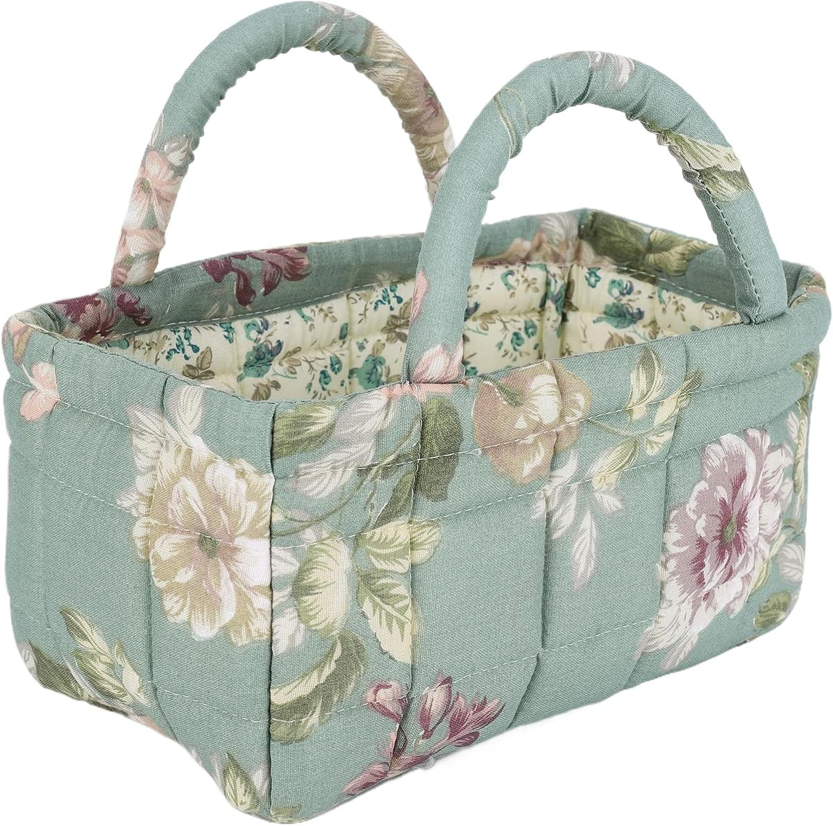 Quilted Fabric Storage Basket Floral Baby Diaper Caddy Quilted Basket for Nursery Bedroom Car Storage