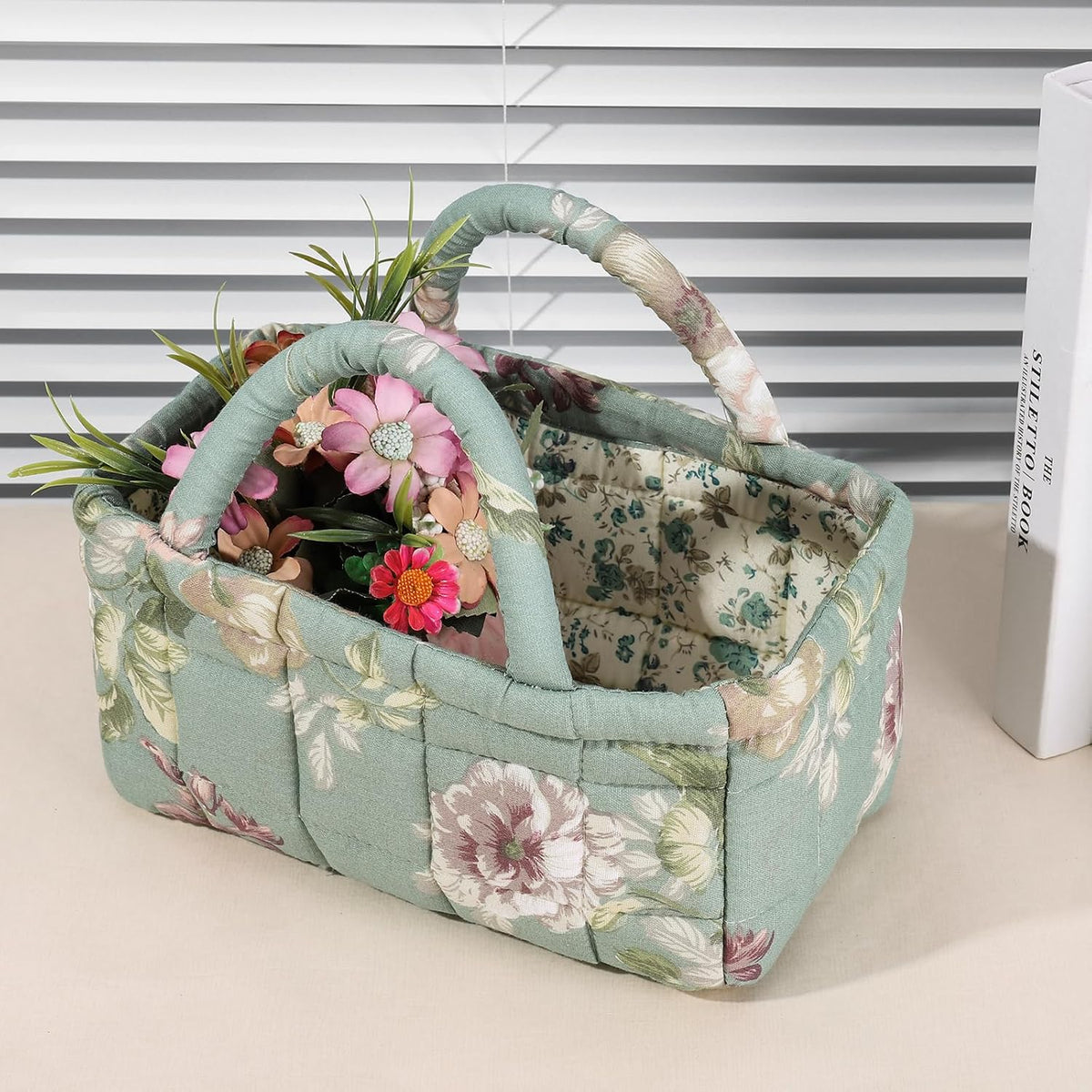 Quilted Fabric Storage Basket Floral Baby Diaper Caddy Quilted Basket for Nursery Bedroom Car Storage