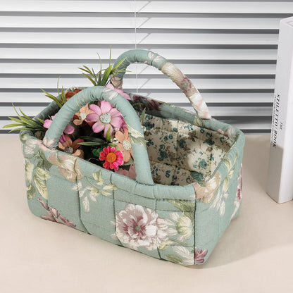 Quilted Fabric Storage Basket Floral Baby Diaper Caddy Quilted Basket for Nursery Bedroom Car Storage