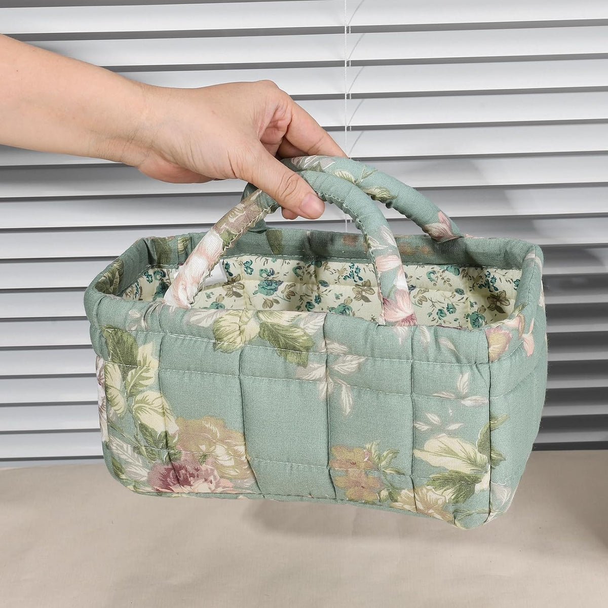 Quilted Fabric Storage Basket Floral Baby Diaper Caddy Quilted Basket for Nursery Bedroom Car Storage
