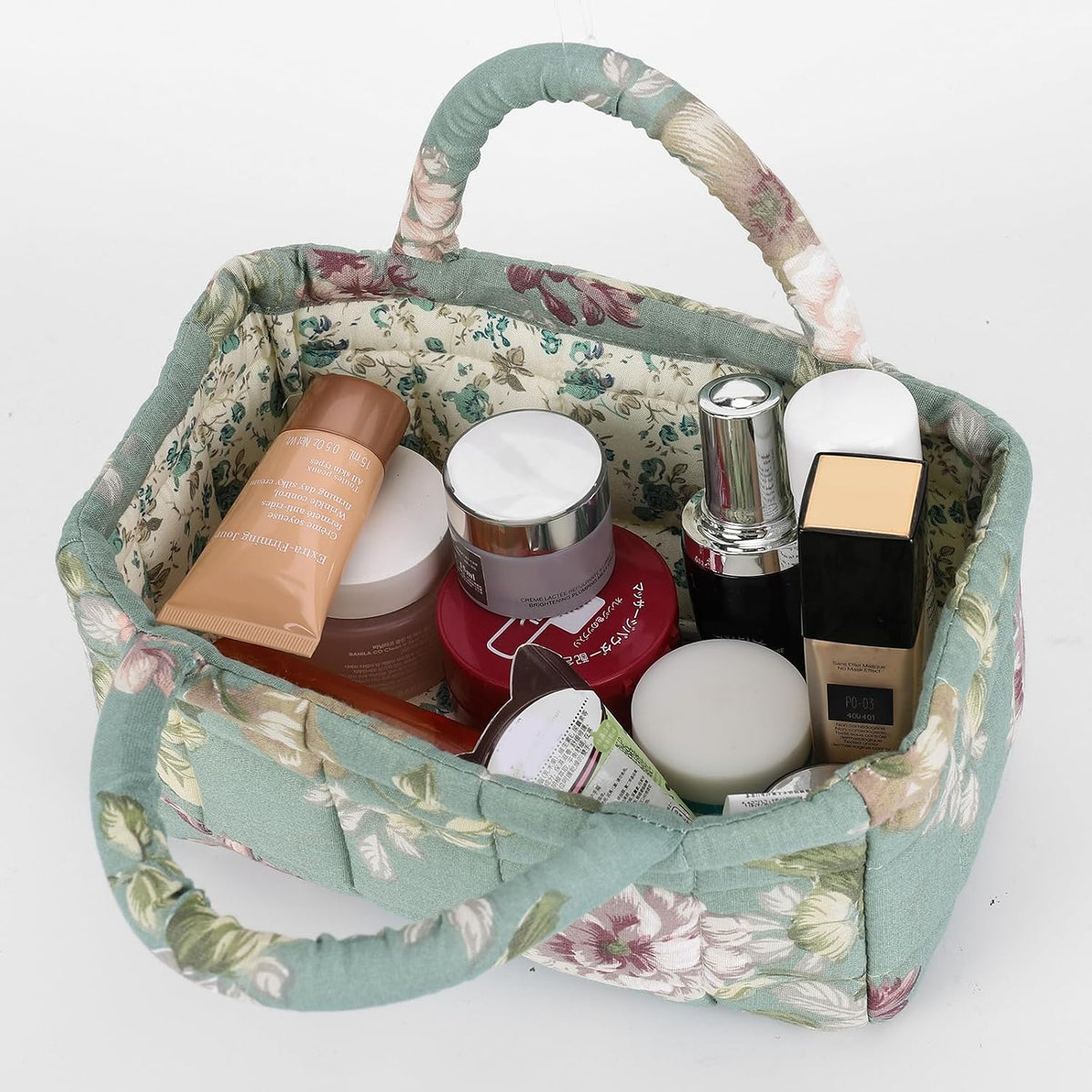 Quilted Fabric Storage Basket Floral Baby Diaper Caddy Quilted Basket for Nursery Bedroom Car Storage