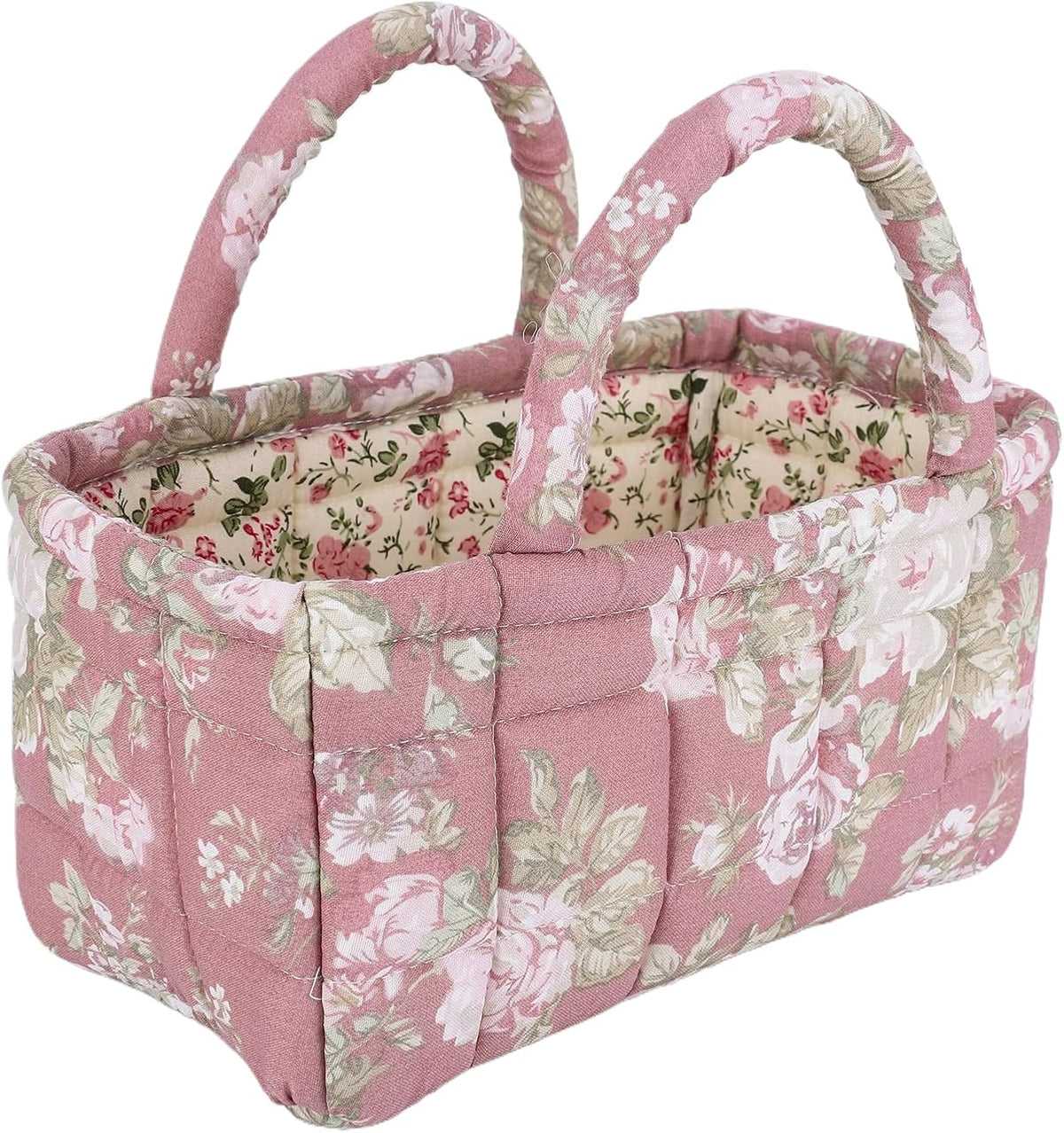 Quilted Fabric Storage Basket Floral Baby Diaper Caddy Quilted Basket for Nursery Bedroom Car Storage
