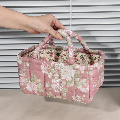 Quilted Fabric Storage Basket Floral Baby Diaper Caddy Quilted Basket for Nursery Bedroom Car Storage