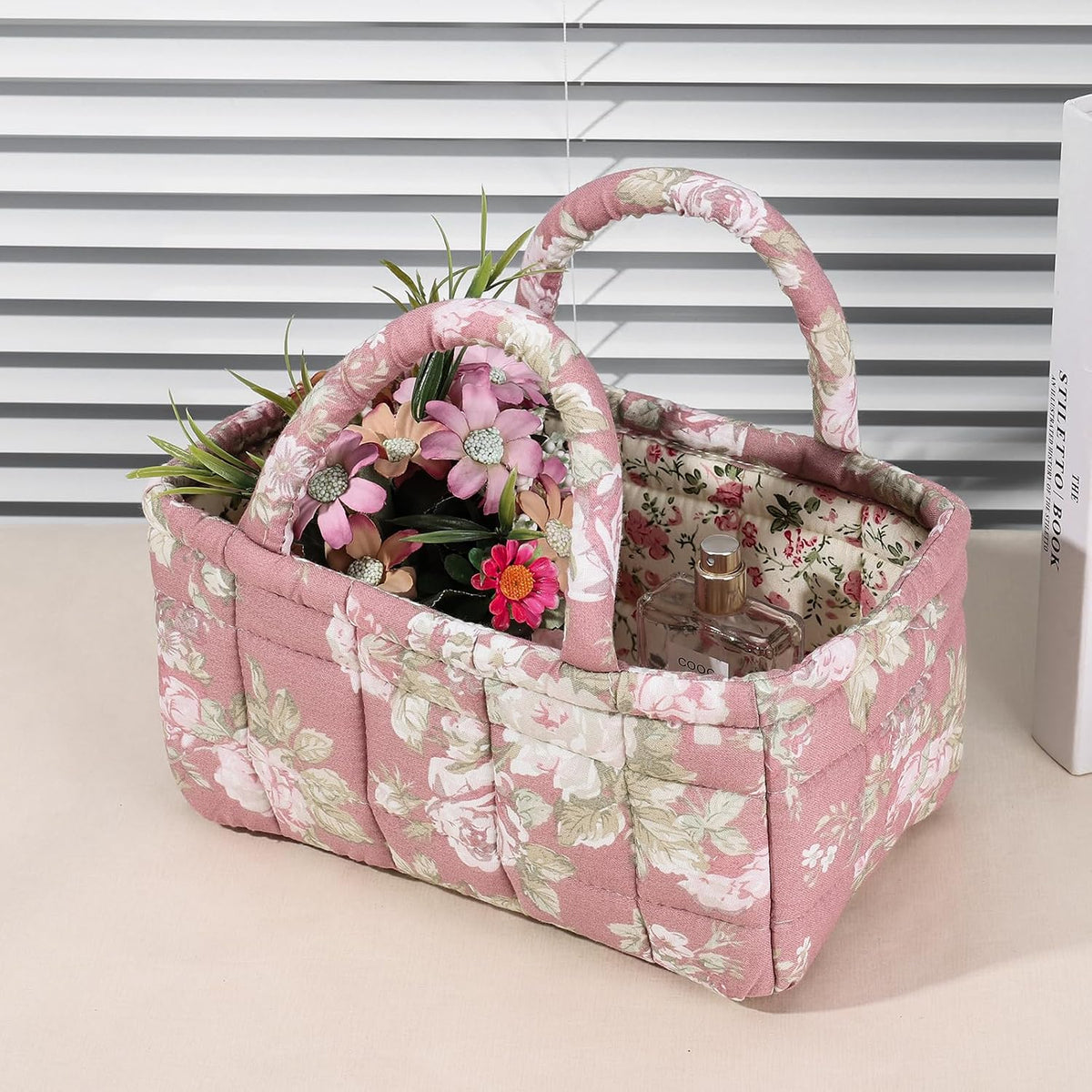Quilted Fabric Storage Basket Floral Baby Diaper Caddy Quilted Basket for Nursery Bedroom Car Storage