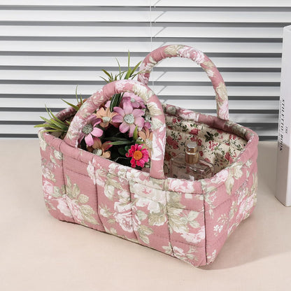 Quilted Fabric Storage Basket Floral Baby Diaper Caddy Quilted Basket for Nursery Bedroom Car Storage