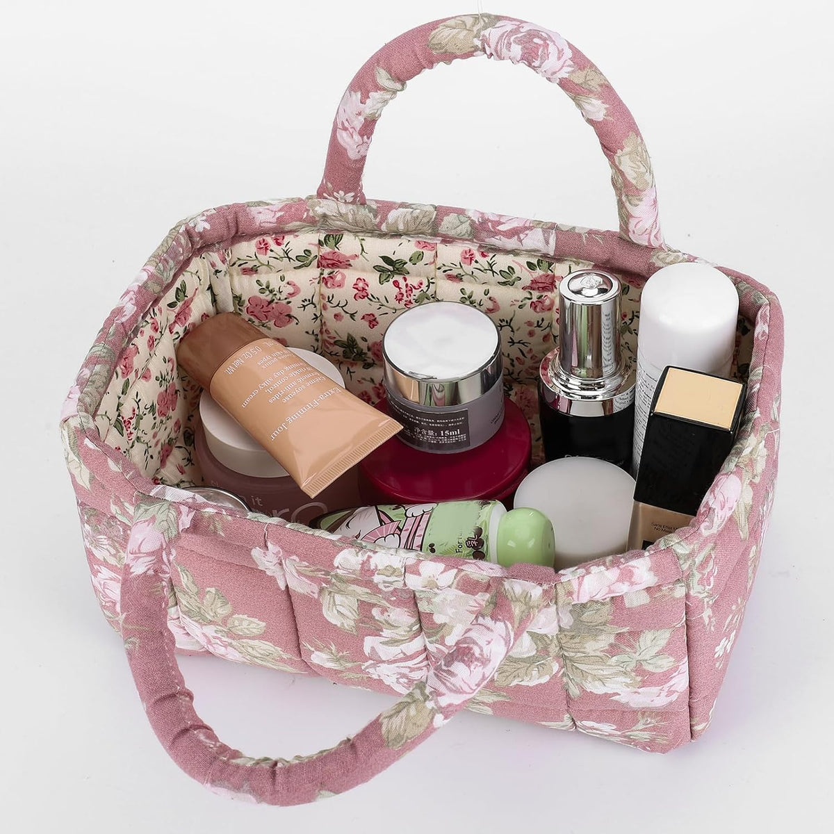 Quilted Fabric Storage Basket Floral Baby Diaper Caddy Quilted Basket for Nursery Bedroom Car Storage