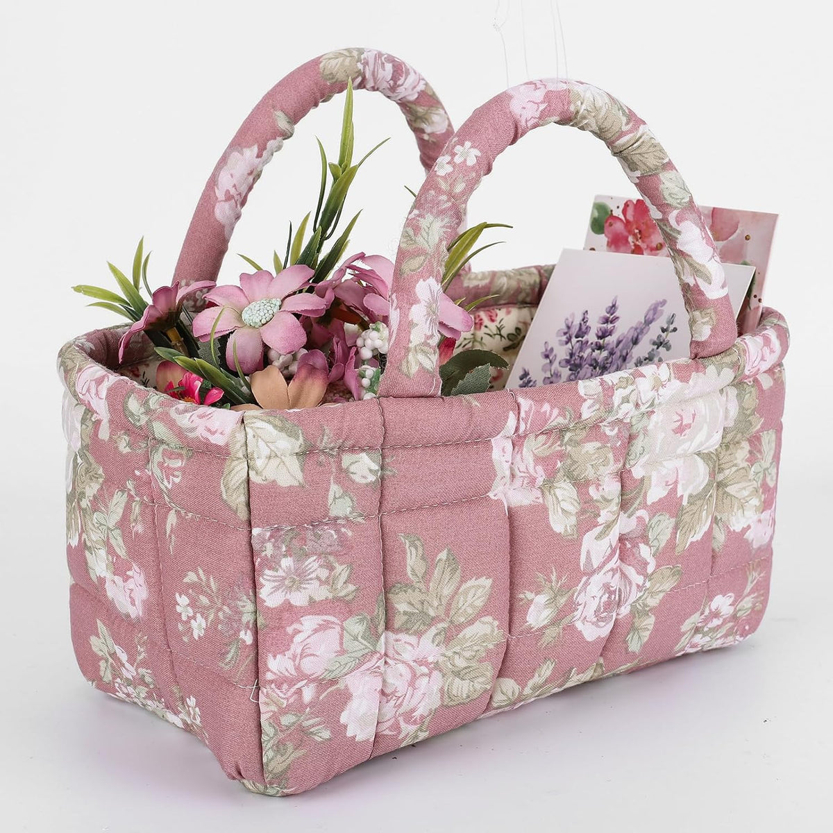 Quilted Fabric Storage Basket Floral Baby Diaper Caddy Quilted Basket for Nursery Bedroom Car Storage