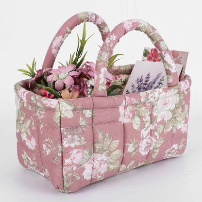 Quilted Fabric Storage Basket Floral Baby Diaper Caddy Quilted Basket for Nursery Bedroom Car Storage