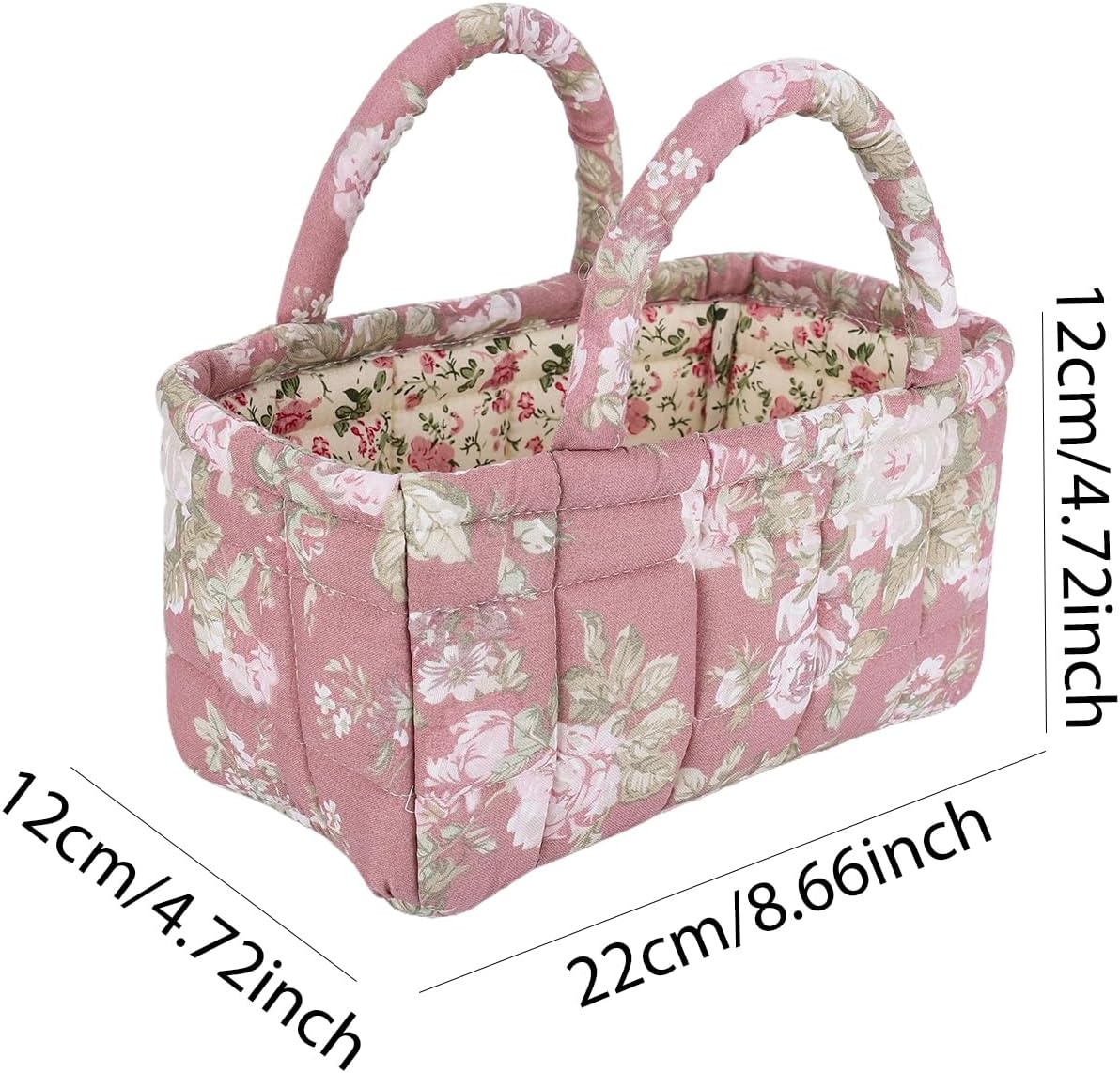 Quilted Fabric Storage Basket Floral Baby Diaper Caddy Quilted Basket for Nursery Bedroom Car Storage
