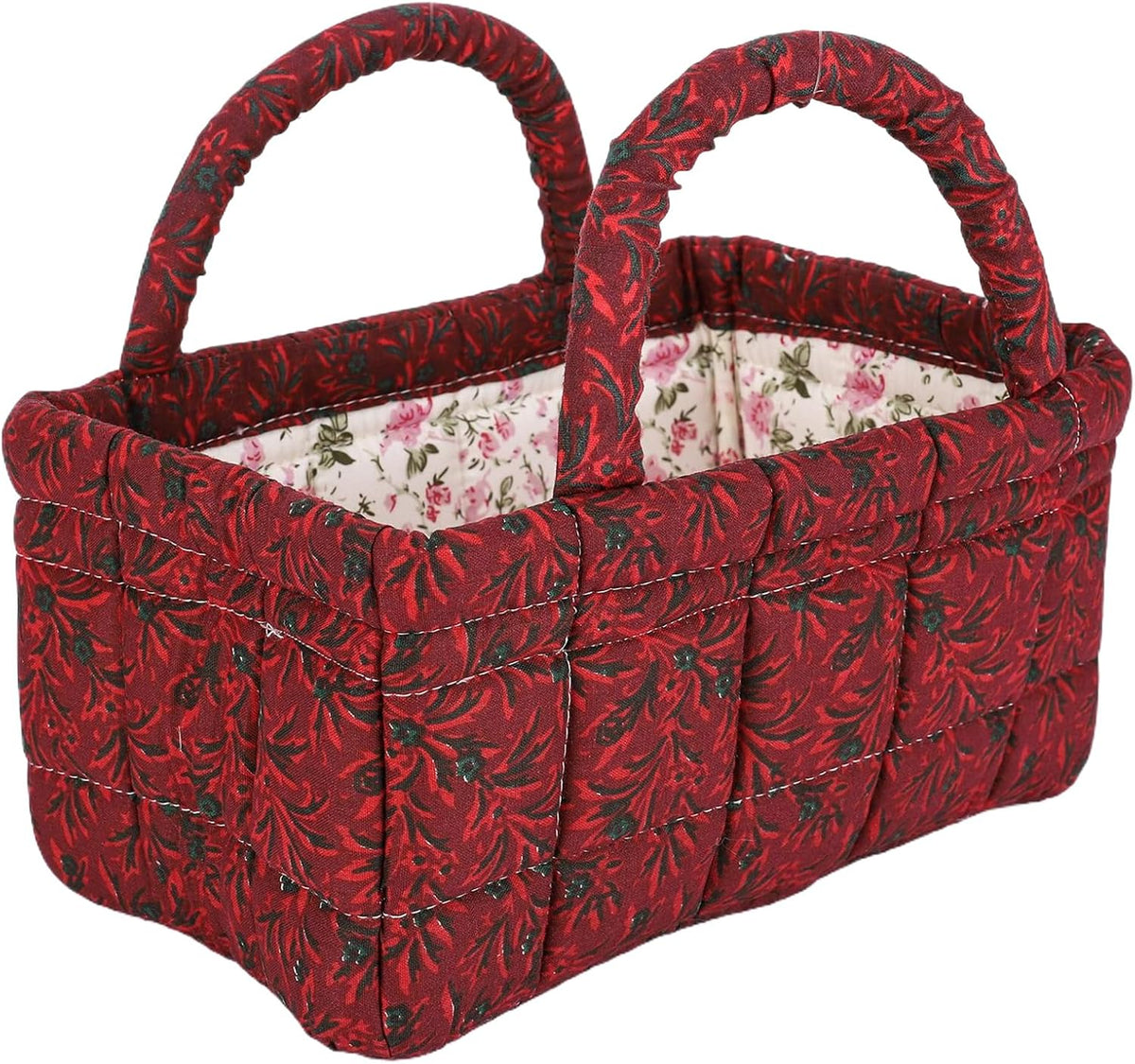 Quilted Fabric Storage Basket Floral Baby Diaper Caddy Quilted Basket for Nursery Bedroom Car Storage