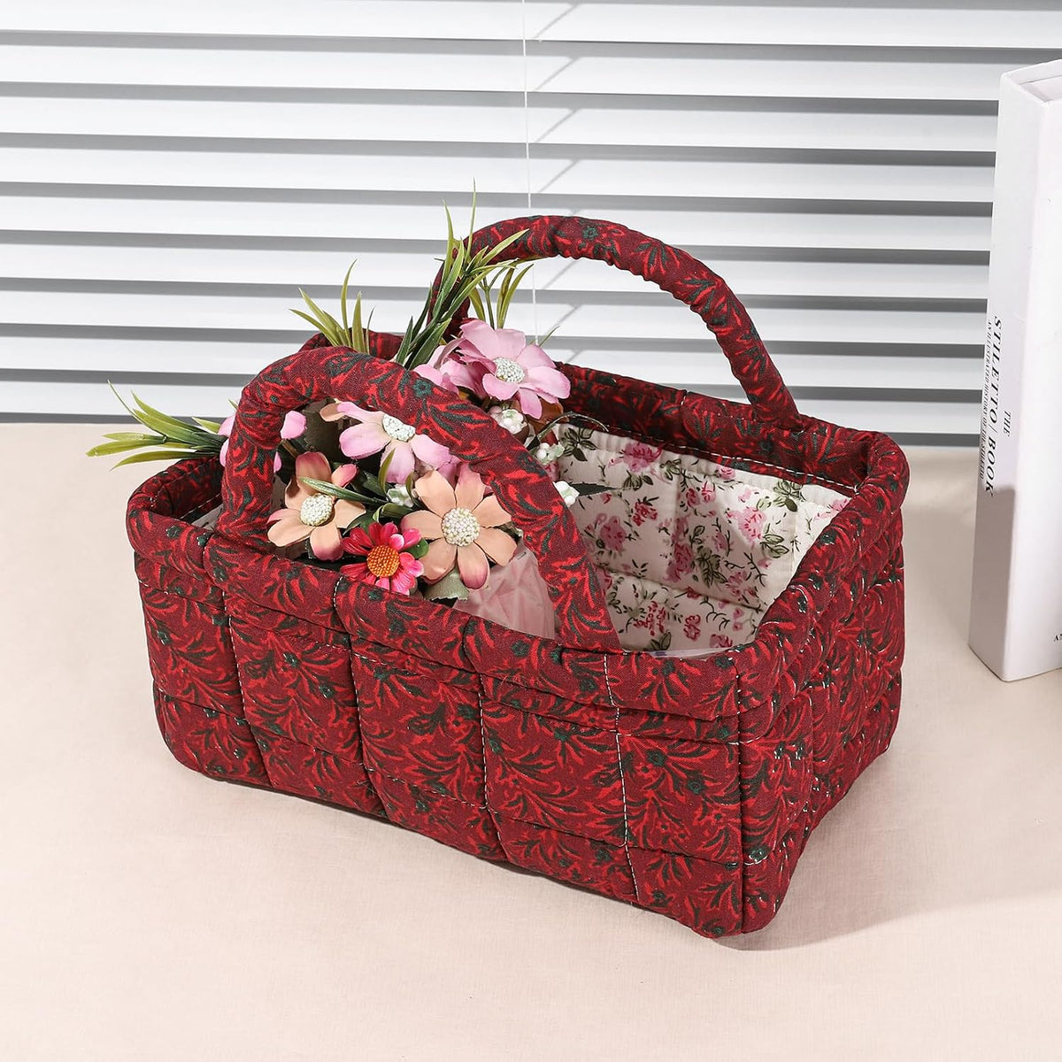 Quilted Fabric Storage Basket Floral Baby Diaper Caddy Quilted Basket for Nursery Bedroom Car Storage