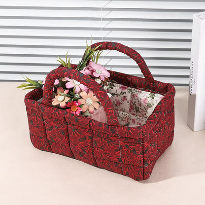 Quilted Fabric Storage Basket Floral Baby Diaper Caddy Quilted Basket for Nursery Bedroom Car Storage