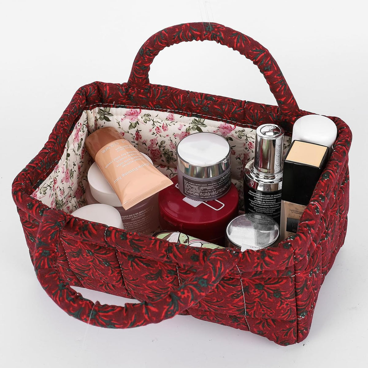 Quilted Fabric Storage Basket Floral Baby Diaper Caddy Quilted Basket for Nursery Bedroom Car Storage