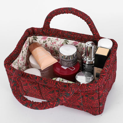 Quilted Fabric Storage Basket Floral Baby Diaper Caddy Quilted Basket for Nursery Bedroom Car Storage