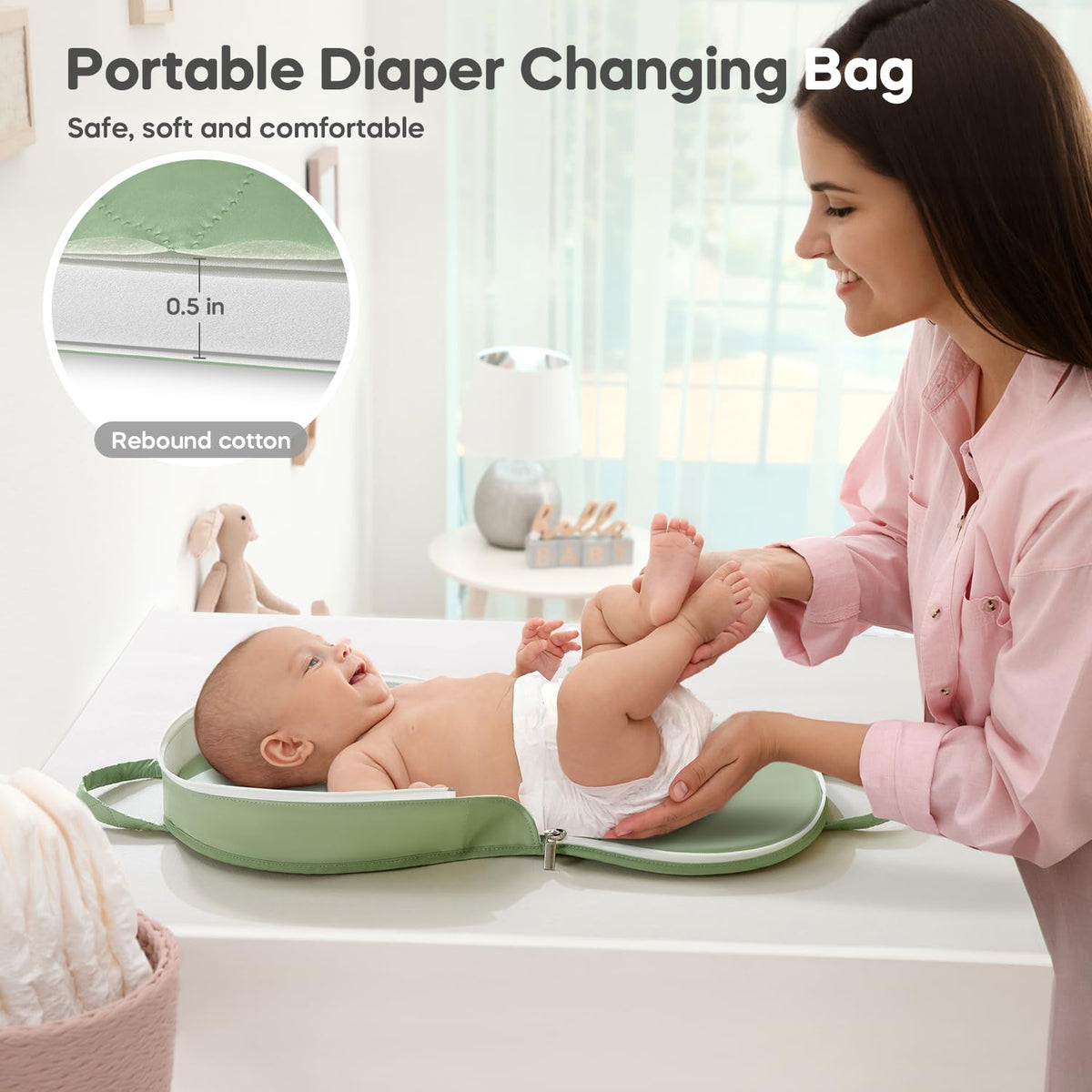 Portable Waterproof Leather Diaper Changing Pad Compact for Travel Diaper Bag, Easy Clean, Newborn Baby, Green