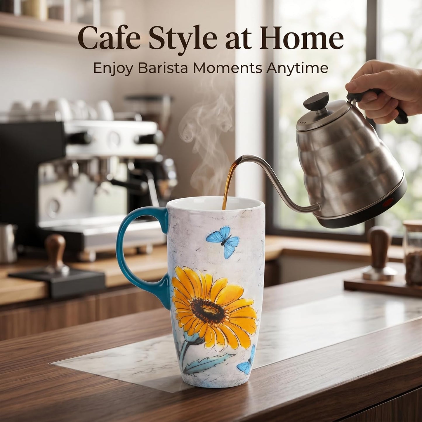 17oz Ceramic Travel Mug with Lid & Gift Box, Floral | Microwave & Dishwasher Safe Coffee Mug, Cup Holder Friendly, Large Tea Cup with Handle, Commute Office Home Use