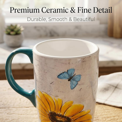 17oz Ceramic Travel Mug with Lid & Gift Box, Floral | Microwave & Dishwasher Safe Coffee Mug, Cup Holder Friendly, Large Tea Cup with Handle, Commute Office Home Use