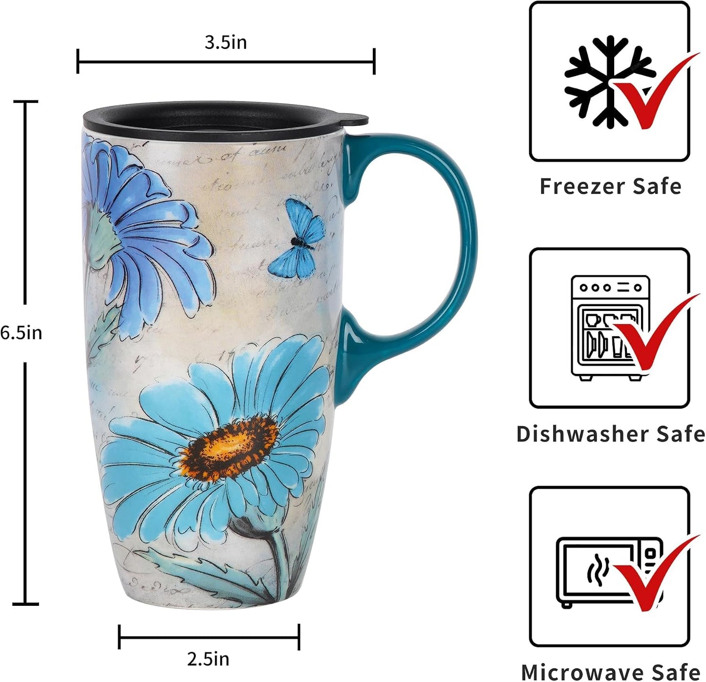 17oz Ceramic Travel Mug with Lid & Gift Box, Floral | Microwave & Dishwasher Safe Coffee Mug, Cup Holder Friendly, Large Tea Cup with Handle, Commute Office Home Use