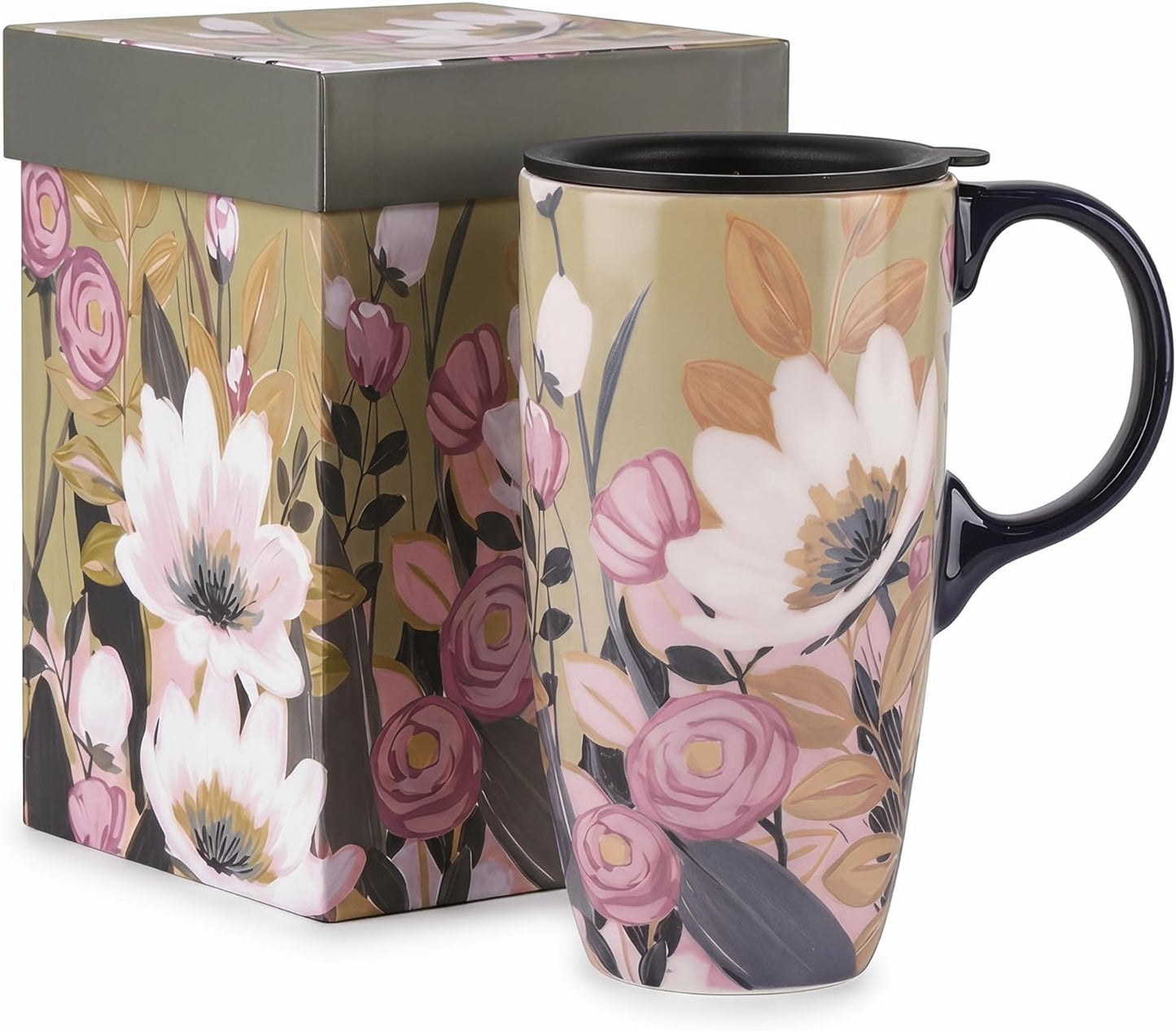 17oz Ceramic Travel Mug with Lid & Gift Box, Floral | Microwave & Dishwasher Safe Coffee Mug, Cup Holder Friendly, Large Tea Cup with Handle, Commute Office Home Use