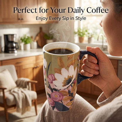 17oz Ceramic Travel Mug with Lid & Gift Box, Floral | Microwave & Dishwasher Safe Coffee Mug, Cup Holder Friendly, Large Tea Cup with Handle, Commute Office Home Use