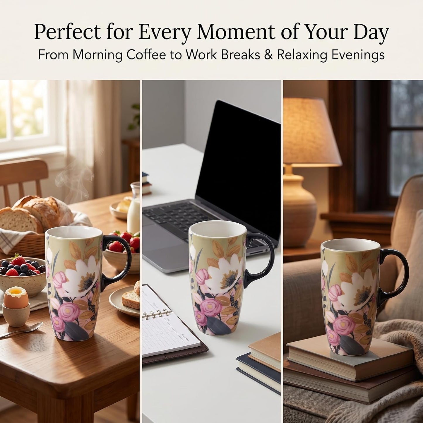 17oz Ceramic Travel Mug with Lid & Gift Box, Floral | Microwave & Dishwasher Safe Coffee Mug, Cup Holder Friendly, Large Tea Cup with Handle, Commute Office Home Use