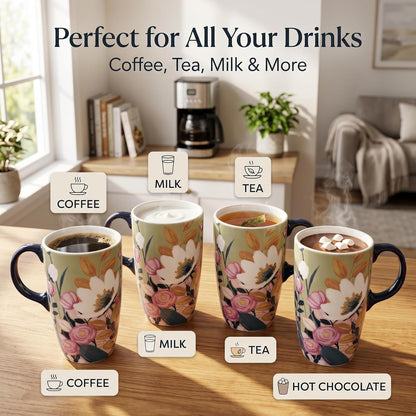 17oz Ceramic Travel Mug with Lid & Gift Box, Floral | Microwave & Dishwasher Safe Coffee Mug, Cup Holder Friendly, Large Tea Cup with Handle, Commute Office Home Use