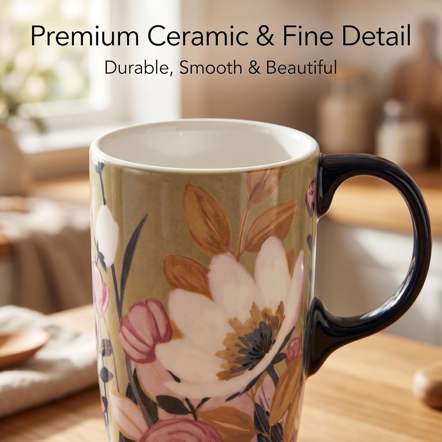 17oz Ceramic Travel Mug with Lid & Gift Box, Floral | Microwave & Dishwasher Safe Coffee Mug, Cup Holder Friendly, Large Tea Cup with Handle, Commute Office Home Use
