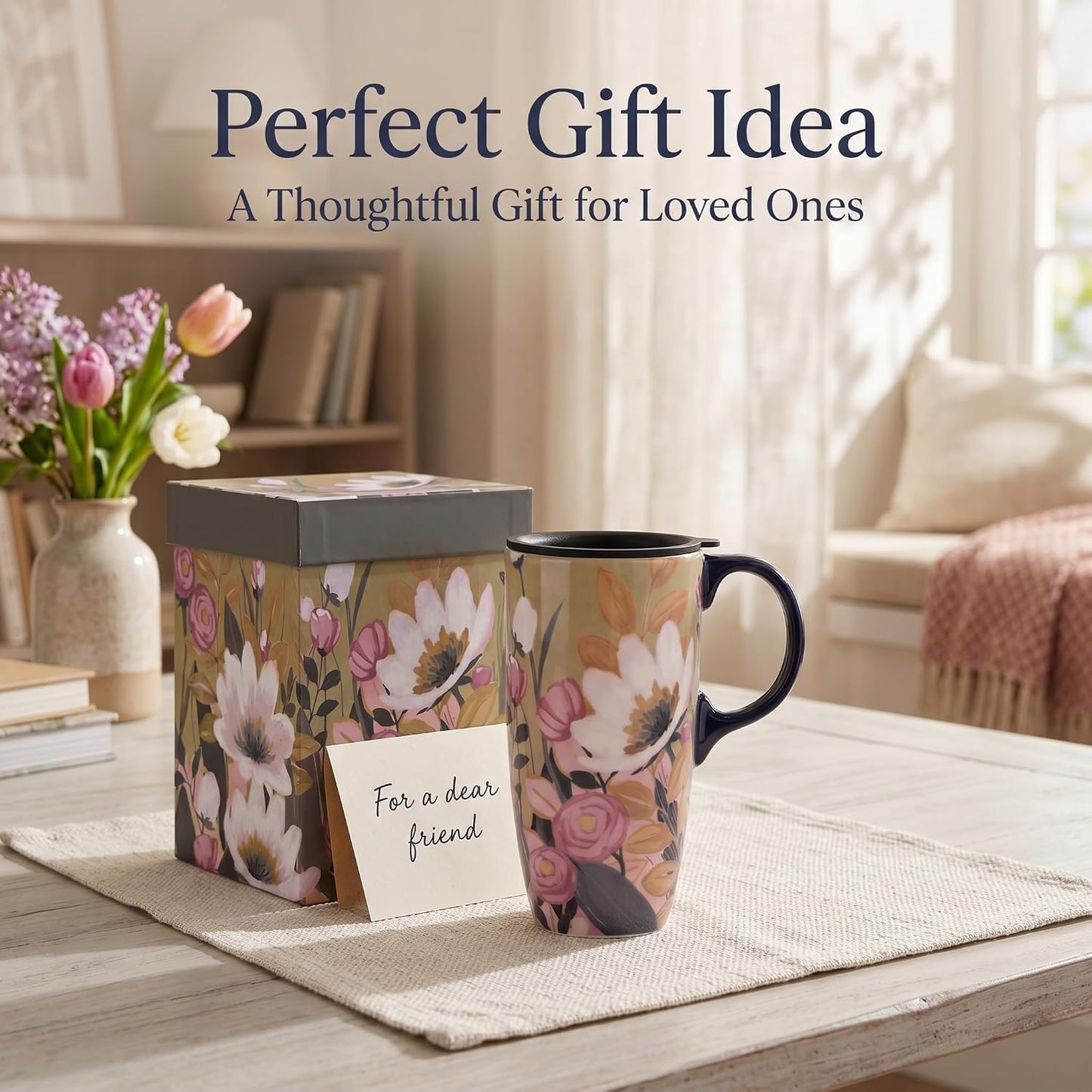 17oz Ceramic Travel Mug with Lid & Gift Box, Floral | Microwave & Dishwasher Safe Coffee Mug, Cup Holder Friendly, Large Tea Cup with Handle, Commute Office Home Use