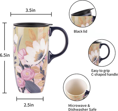 17oz Ceramic Travel Mug with Lid & Gift Box, Floral | Microwave & Dishwasher Safe Coffee Mug, Cup Holder Friendly, Large Tea Cup with Handle, Commute Office Home Use