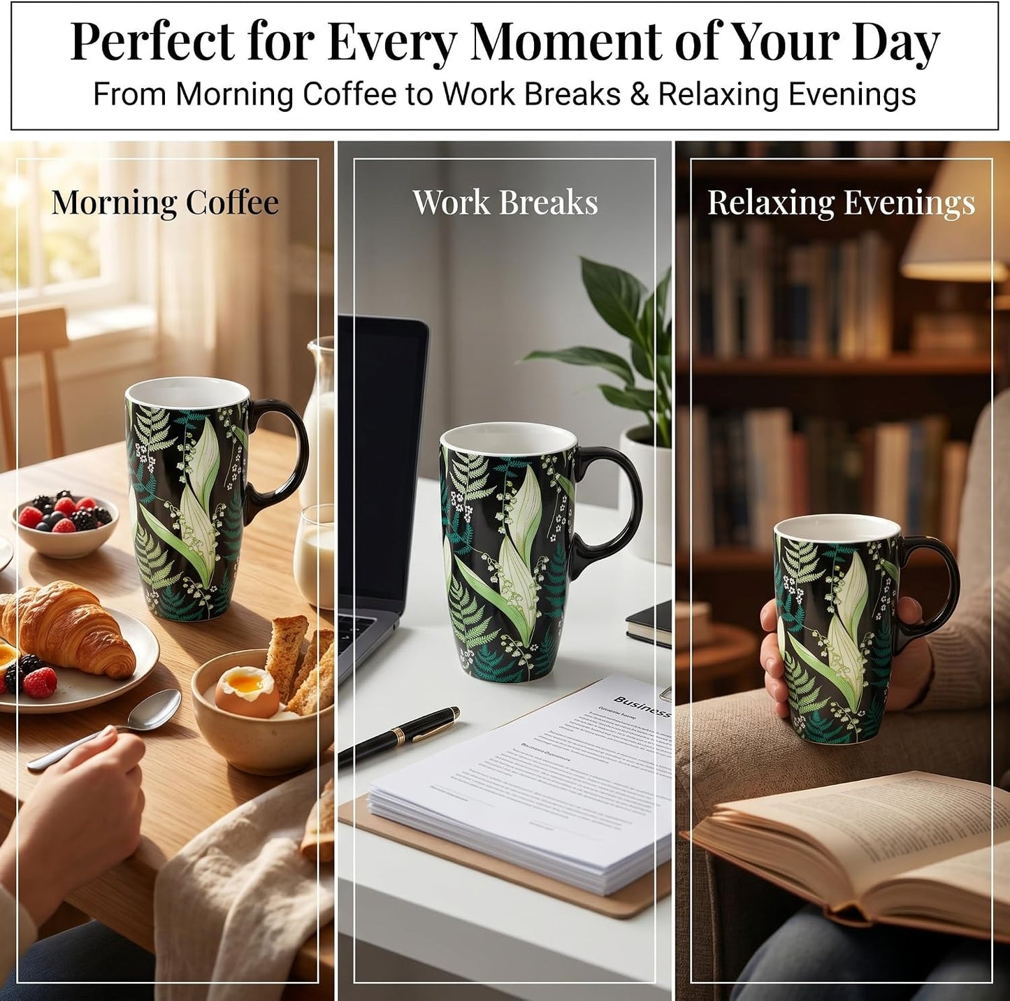 17oz Ceramic Travel Mug with Lid & Gift Box, Floral | Microwave & Dishwasher Safe Coffee Mug, Cup Holder Friendly, Large Tea Cup with Handle, Commute Office Home Use