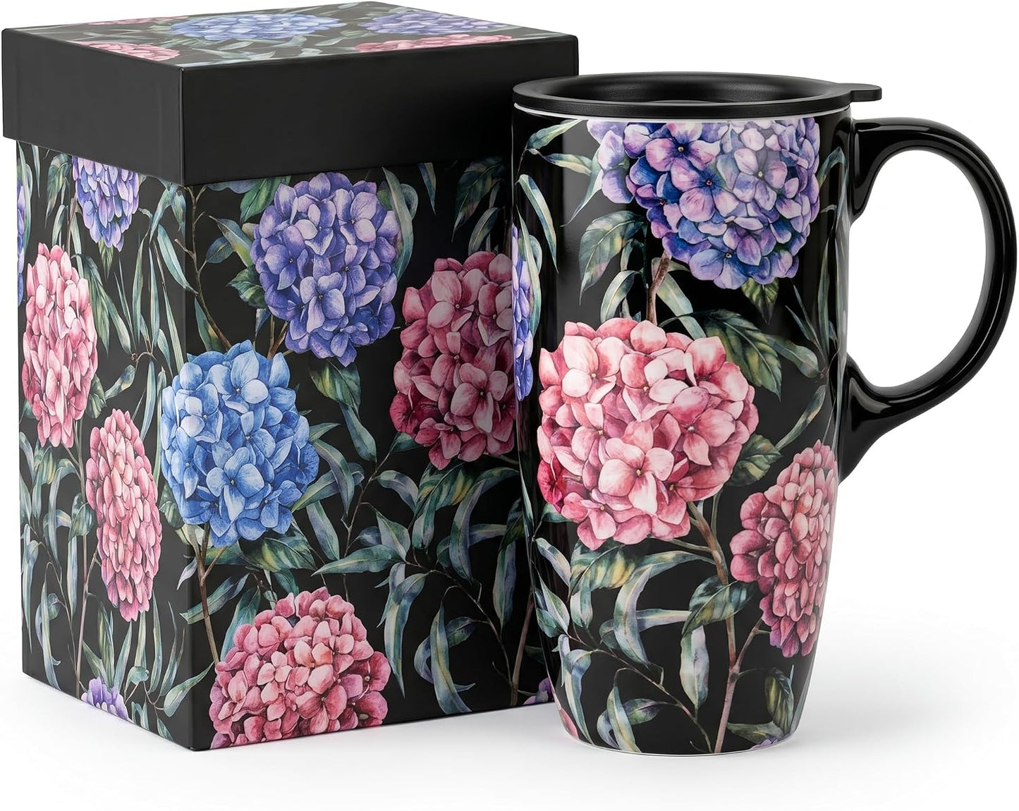 17oz Ceramic Travel Mug with Lid & Gift Box, Floral | Microwave & Dishwasher Safe Coffee Mug, Cup Holder Friendly, Large Tea Cup with Handle, Commute Office Home Use