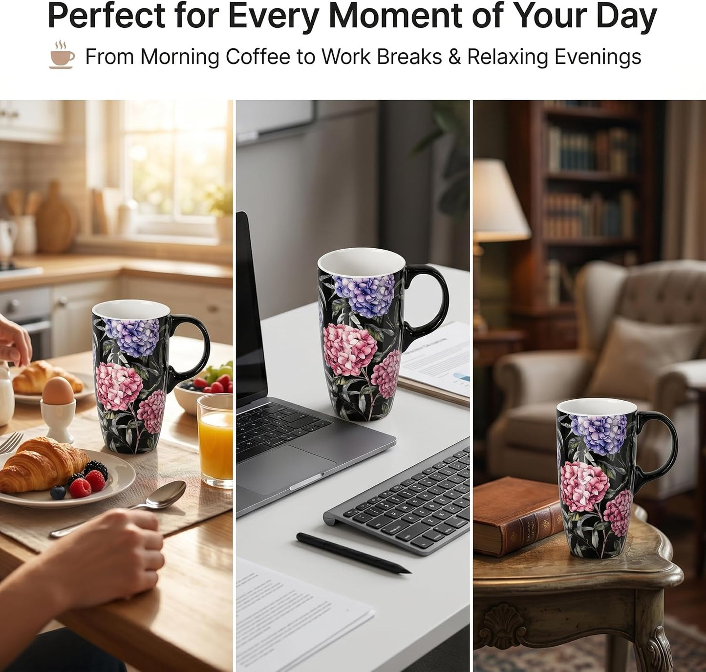 17oz Ceramic Travel Mug with Lid & Gift Box, Floral | Microwave & Dishwasher Safe Coffee Mug, Cup Holder Friendly, Large Tea Cup with Handle, Commute Office Home Use