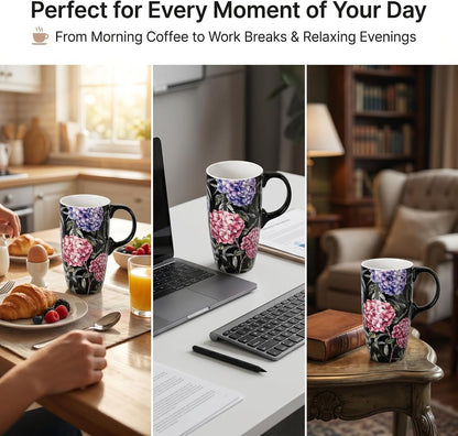 17oz Ceramic Travel Mug with Lid & Gift Box, Floral | Microwave & Dishwasher Safe Coffee Mug, Cup Holder Friendly, Large Tea Cup with Handle, Commute Office Home Use