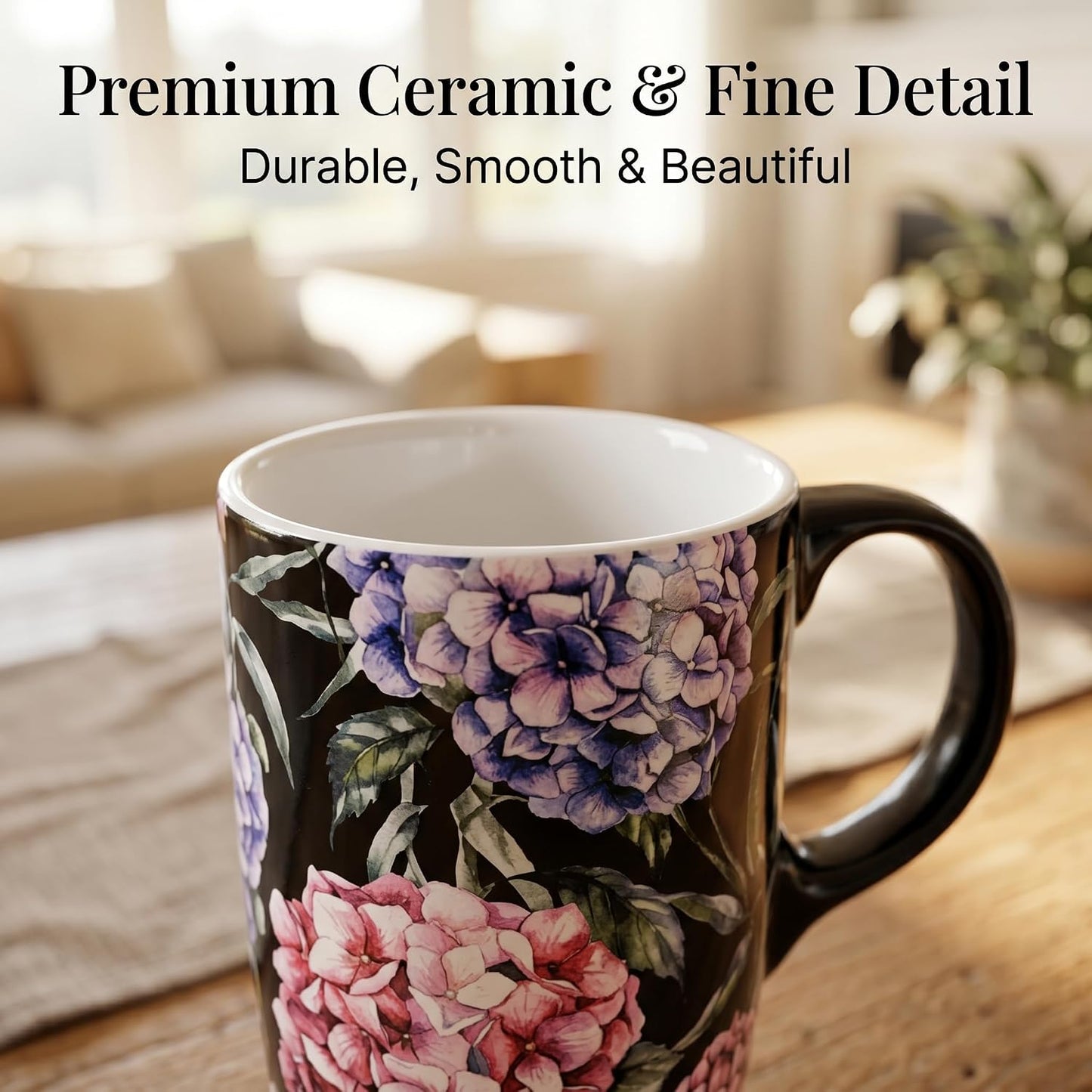 17oz Ceramic Travel Mug with Lid & Gift Box, Floral | Microwave & Dishwasher Safe Coffee Mug, Cup Holder Friendly, Large Tea Cup with Handle, Commute Office Home Use