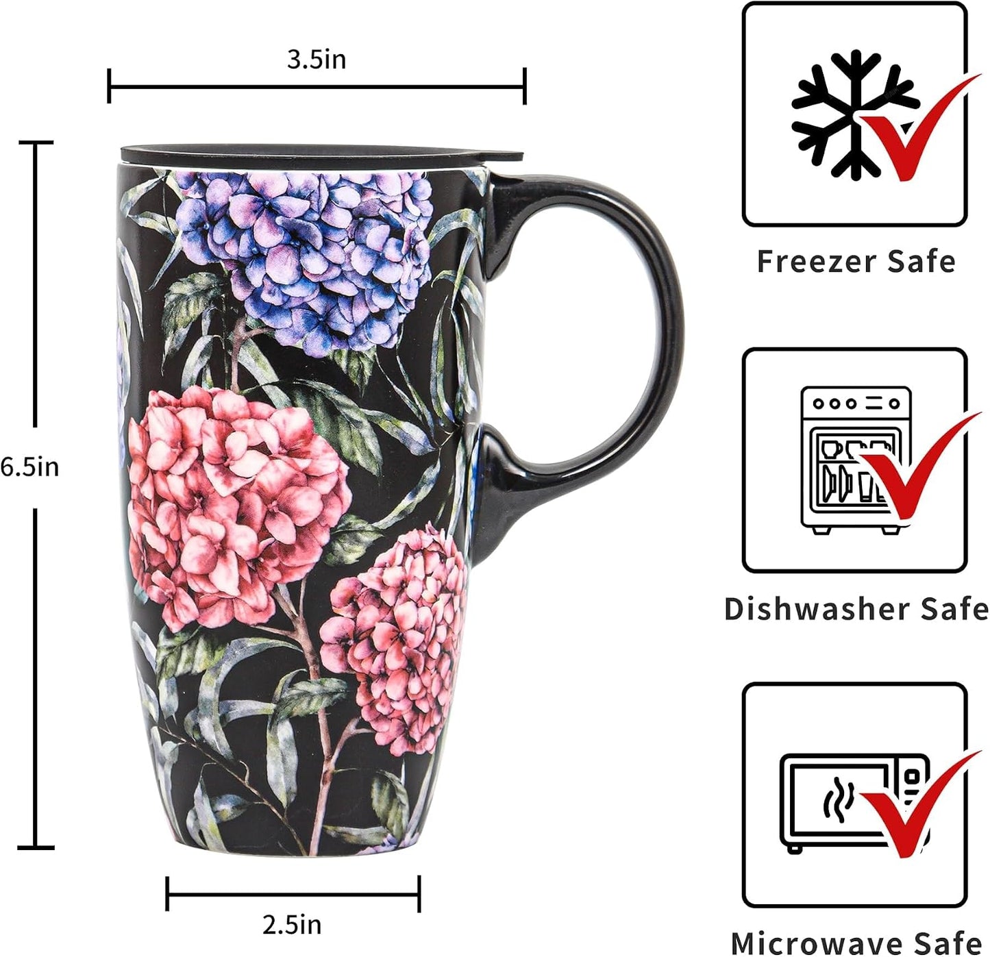 17oz Ceramic Travel Mug with Lid & Gift Box, Floral | Microwave & Dishwasher Safe Coffee Mug, Cup Holder Friendly, Large Tea Cup with Handle, Commute Office Home Use