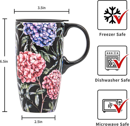 17oz Ceramic Travel Mug with Lid & Gift Box, Floral | Microwave & Dishwasher Safe Coffee Mug, Cup Holder Friendly, Large Tea Cup with Handle, Commute Office Home Use