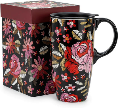 17oz Ceramic Travel Mug with Lid & Gift Box, Floral | Microwave & Dishwasher Safe Coffee Mug, Cup Holder Friendly, Large Tea Cup with Handle, Commute Office Home Use