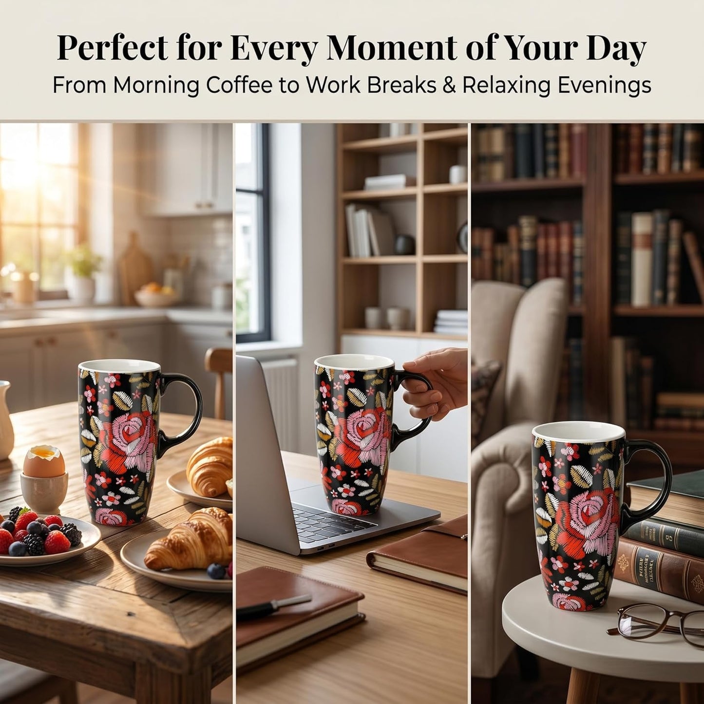 17oz Ceramic Travel Mug with Lid & Gift Box, Floral | Microwave & Dishwasher Safe Coffee Mug, Cup Holder Friendly, Large Tea Cup with Handle, Commute Office Home Use