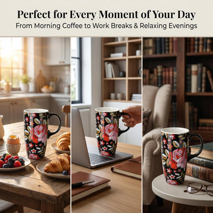 17oz Ceramic Travel Mug with Lid & Gift Box, Floral | Microwave & Dishwasher Safe Coffee Mug, Cup Holder Friendly, Large Tea Cup with Handle, Commute Office Home Use