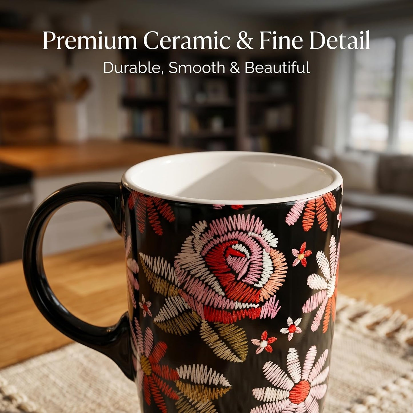 17oz Ceramic Travel Mug with Lid & Gift Box, Floral | Microwave & Dishwasher Safe Coffee Mug, Cup Holder Friendly, Large Tea Cup with Handle, Commute Office Home Use