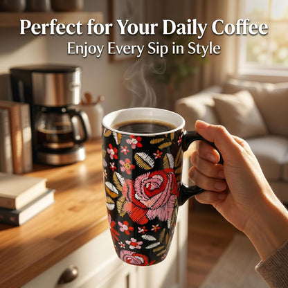 17oz Ceramic Travel Mug with Lid & Gift Box, Floral | Microwave & Dishwasher Safe Coffee Mug, Cup Holder Friendly, Large Tea Cup with Handle, Commute Office Home Use