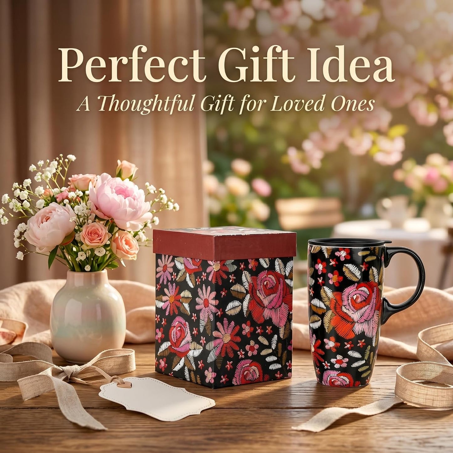 17oz Ceramic Travel Mug with Lid & Gift Box, Floral | Microwave & Dishwasher Safe Coffee Mug, Cup Holder Friendly, Large Tea Cup with Handle, Commute Office Home Use