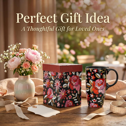 17oz Ceramic Travel Mug with Lid & Gift Box, Floral | Microwave & Dishwasher Safe Coffee Mug, Cup Holder Friendly, Large Tea Cup with Handle, Commute Office Home Use